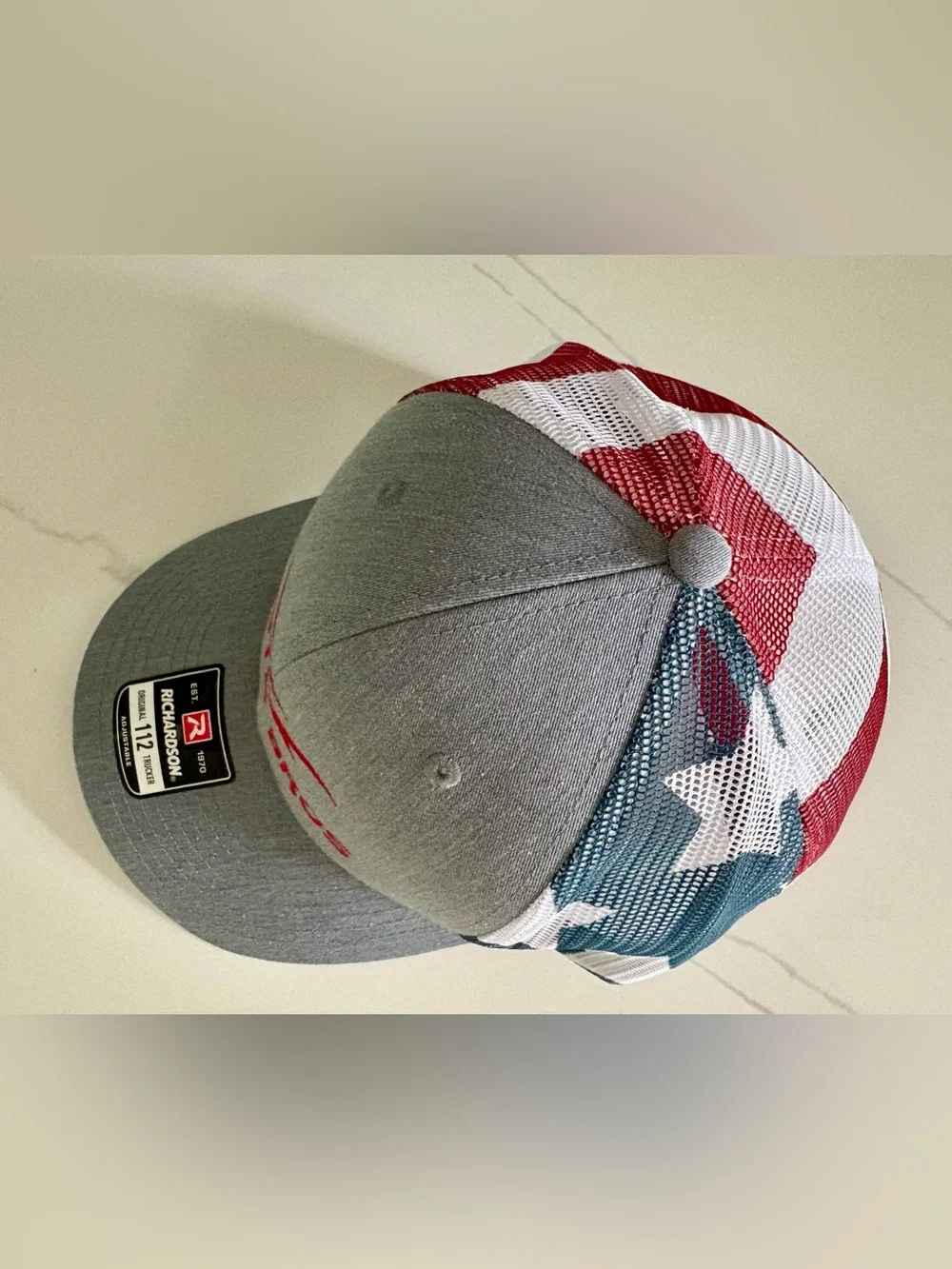 NWT Fouts Bros Richardson 112 Trucker Snapback Hat Grey Patriotic USA Flag Mesh